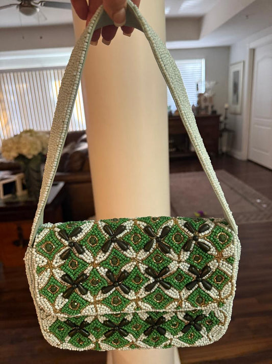 Trending Beaded Bags and Resort Collection - Green Triangle Pattern Beaded Shoulder Bag