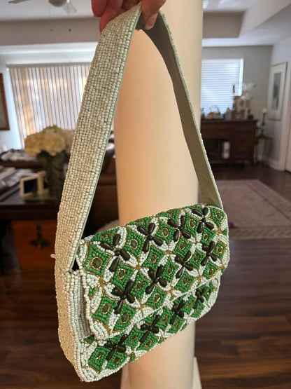 Trending Beaded Bags and Resort Collection - Green Triangle Pattern Beaded Shoulder Bag