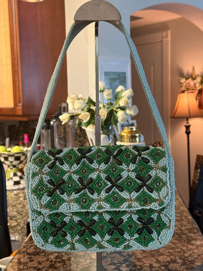 Trending Beaded Bags and Resort Collection - Green Triangle Pattern Beaded Shoulder Bag