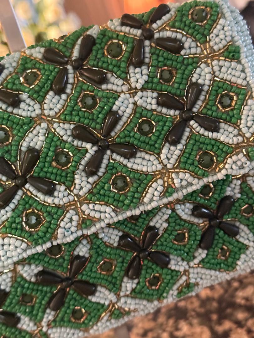 Trending Beaded Bags and Resort Collection - Green Triangle Pattern Beaded Shoulder Bag