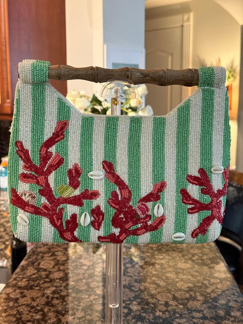 Trending Beaded Bags and Resort Collection - Green Striped Coral Reef w/ Bamboo Handle