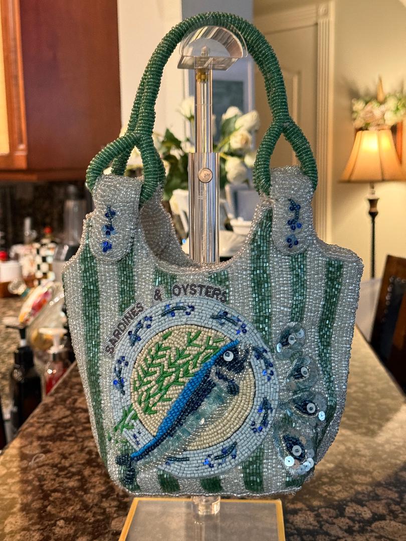 Trending Beaded Bags and Resort Collection - Sardine Striped Blue & Green Top Handle