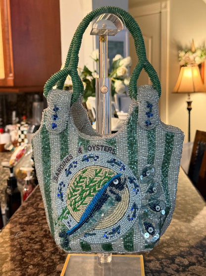 Trending Beaded Bags and Resort Collection - Sardine Striped Blue & Green Top Handle