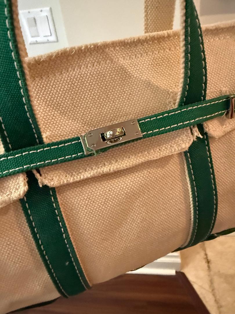 Trending Beaded Bags and Resort Collection - BOATKIN SMALL Green/White Canvas Tote Bag