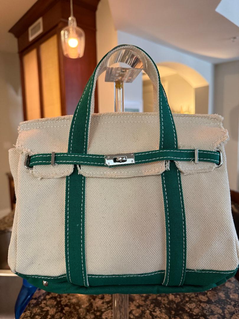 Trending Beaded Bags and Resort Collection - BOATKIN SMALL Green/White Canvas Tote Bag