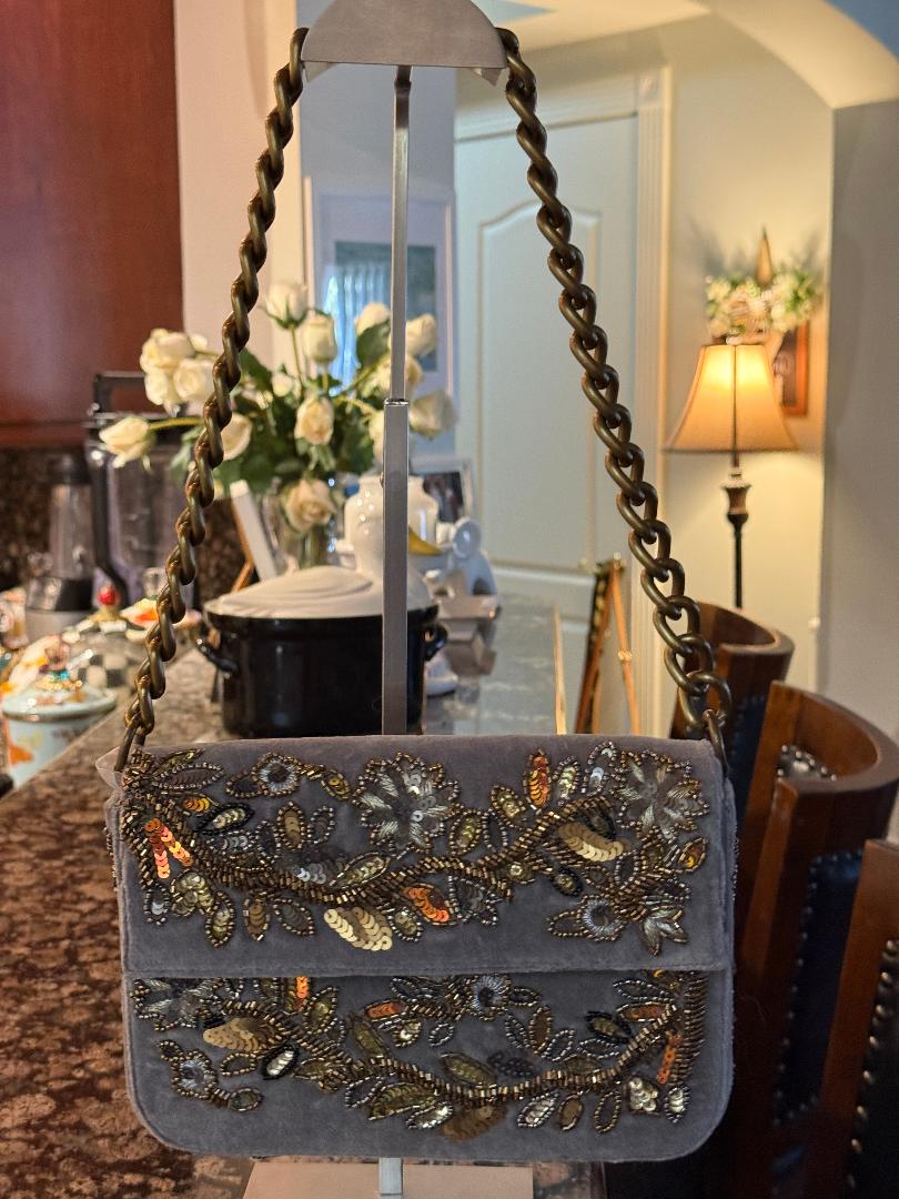Trending Beaded Bags and Resort Collection - Silver Velvet Grey Floral Beaded Sequin Shoulder Bag with Silver Chain