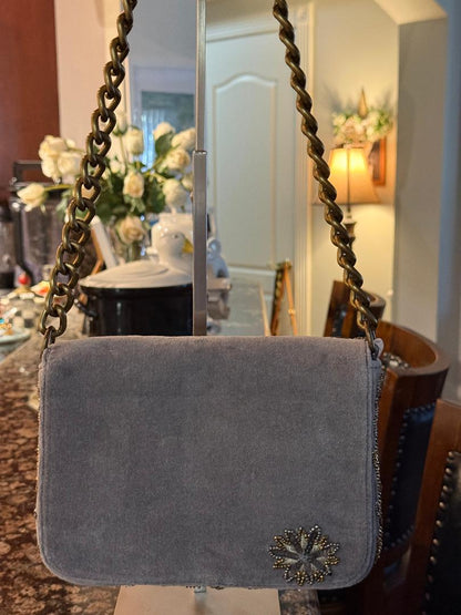 Trending Beaded Bags and Resort Collection - Silver Velvet Grey Floral Beaded Sequin Shoulder Bag with Silver Chain