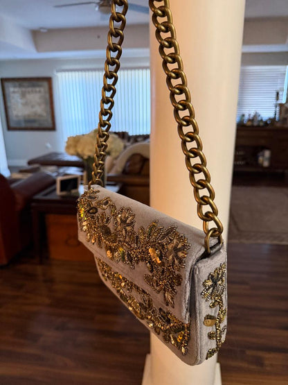 Trending Beaded Bags and Resort Collection - Silver Velvet Grey Floral Beaded Sequin Shoulder Bag with Silver Chain