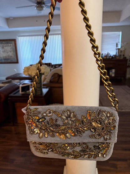 Trending Beaded Bags and Resort Collection - Silver Velvet Grey Floral Beaded Sequin Shoulder Bag with Silver Chain