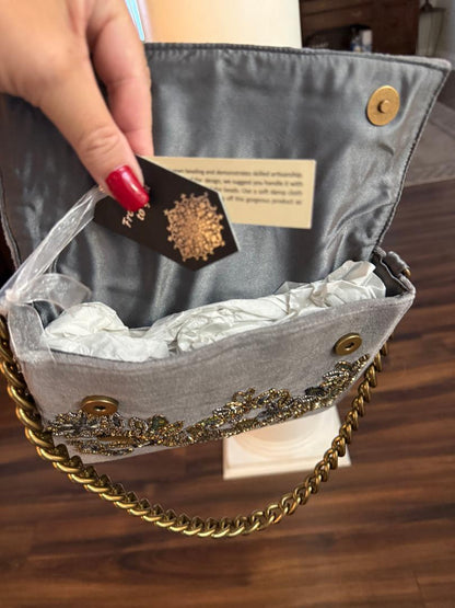 Trending Beaded Bags and Resort Collection - Silver Velvet Grey Floral Beaded Sequin Shoulder Bag with Silver Chain