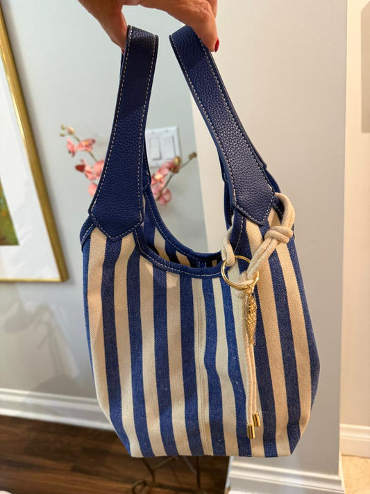 Trending Beaded Bags and Resort Collection - House of Harlow Blue White Stripe Tote