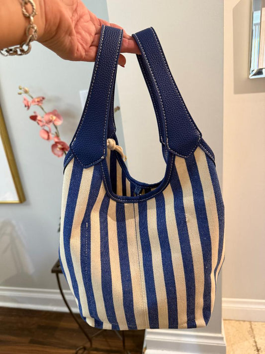 Trending Beaded Bags and Resort Collection - House of Harlow Blue White Stripe Tote