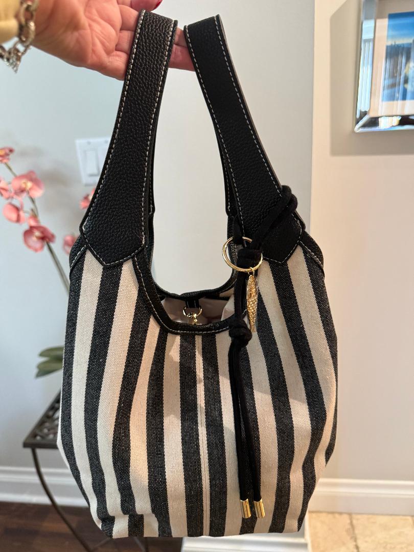 Trending Beaded Bags and Resort Collection - House of Harlow Black White Stripe Tote