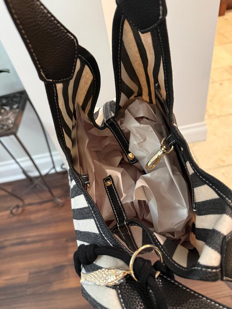 Trending Beaded Bags and Resort Collection - House of Harlow Black White Stripe Tote