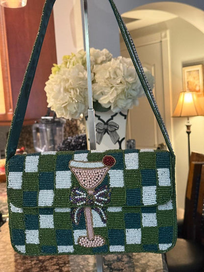 Trending Beaded Bags and Resort Collection - Holiday Martini with Green Checkered Shoulder Bag