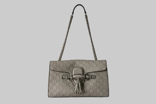 Gucci Gray handbag with a chain strap on a light gray background