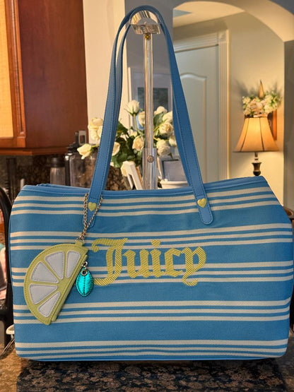 Trending Beaded Bags and Resort Collection - Juicy Couture Blue & Yellow Striped Tote