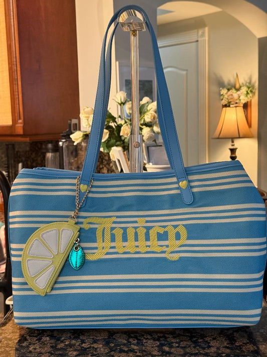 Trending Beaded Bags and Resort Collection - Juicy Couture Blue & Yellow Striped Tote