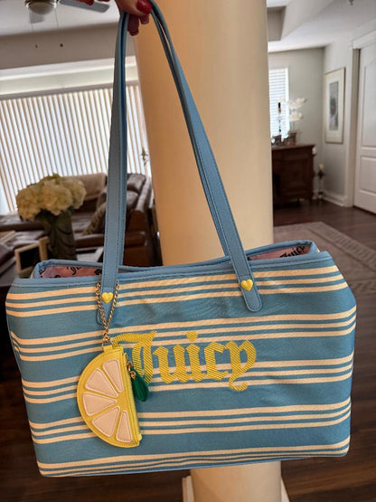 Trending Beaded Bags and Resort Collection - Juicy Couture Blue & Yellow Striped Tote