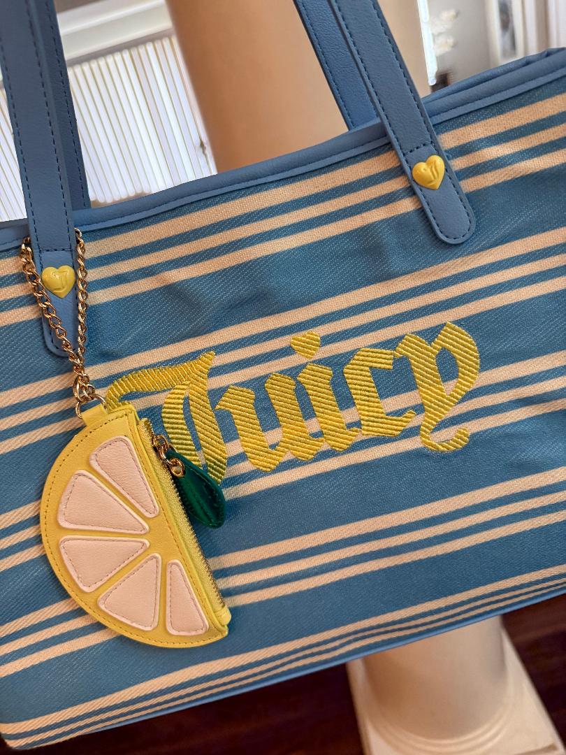 Trending Beaded Bags and Resort Collection - Juicy Couture Blue & Yellow Striped Tote