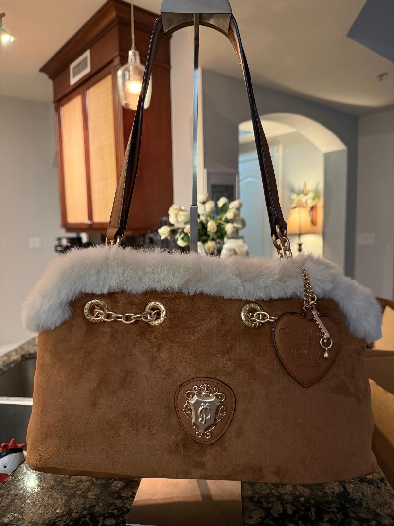 Trending Beaded Bags and Resort Collection - Juicy Couture Brown Suede Tote with Faux Cream Fur