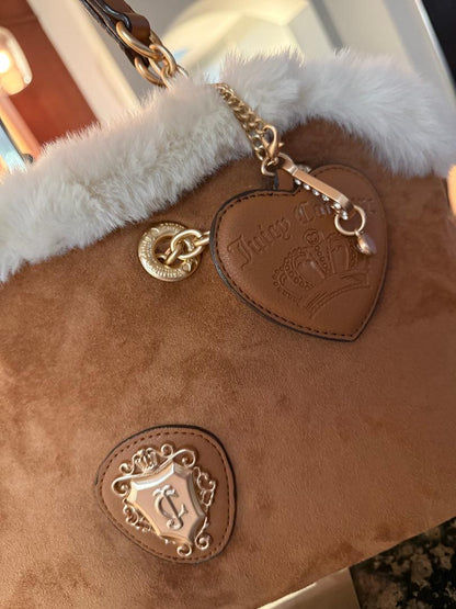 Trending Beaded Bags and Resort Collection - Juicy Couture Brown Suede Tote with Faux Cream Fur