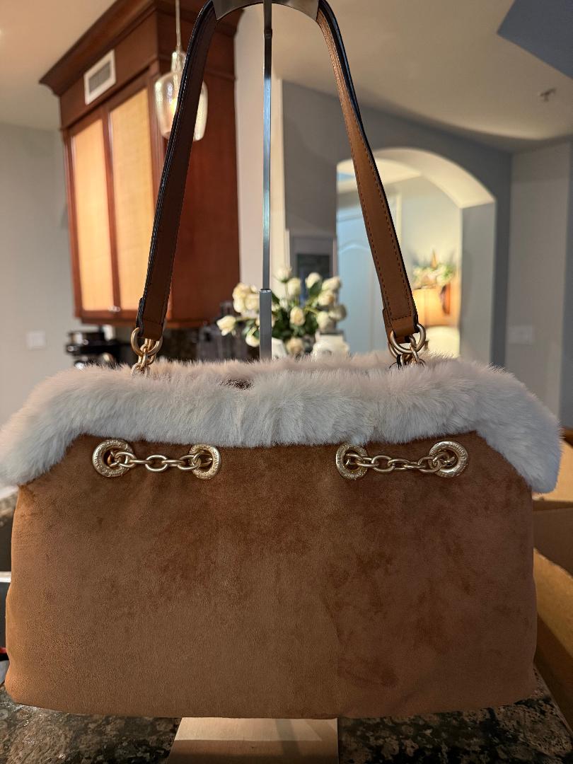 Trending Beaded Bags and Resort Collection - Juicy Couture Brown Suede Tote with Faux Cream Fur