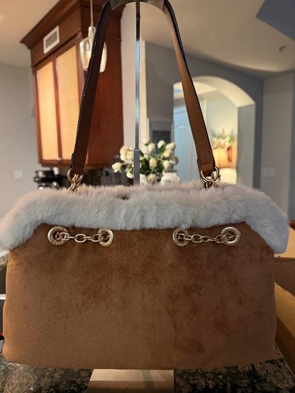 Trending Beaded Bags and Resort Collection - Juicy Couture Brown Suede Tote with Faux Cream Fur