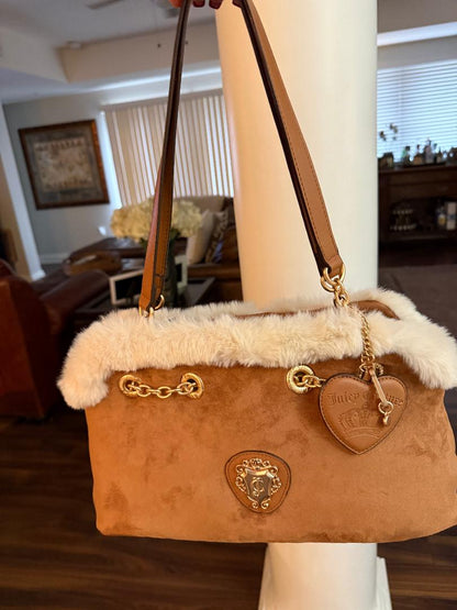 Trending Beaded Bags and Resort Collection - Juicy Couture Brown Suede Tote with Faux Cream Fur