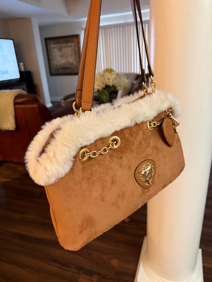 Trending Beaded Bags and Resort Collection - Juicy Couture Brown Suede Tote with Faux Cream Fur