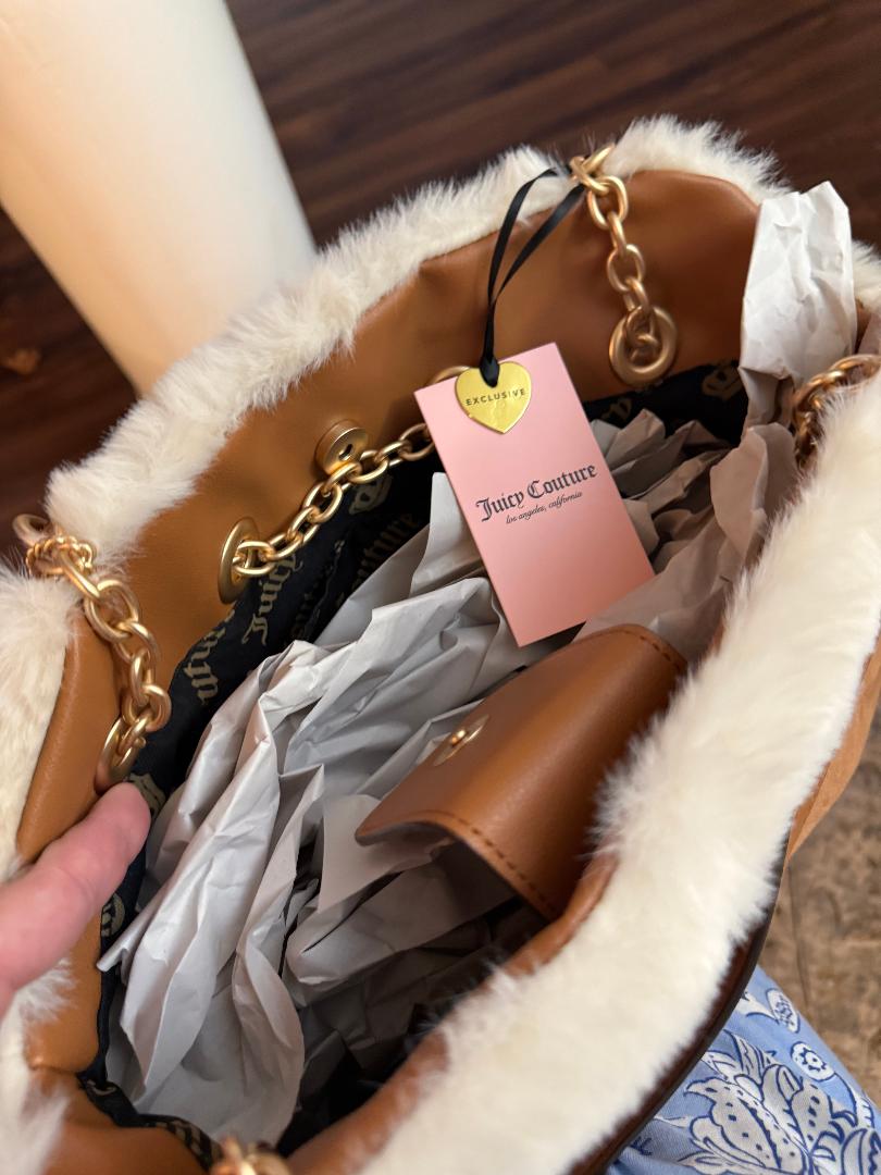 Trending Beaded Bags and Resort Collection - Juicy Couture Brown Suede Tote with Faux Cream Fur