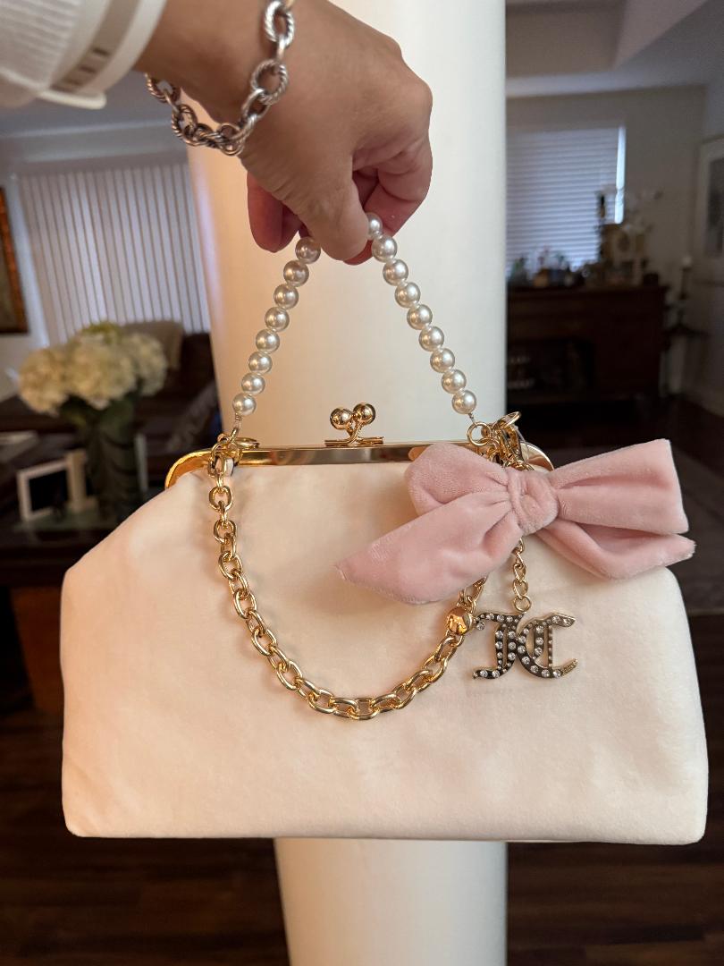Trending Beaded Bags and Resort Collection - Juicy Couture Kiss Lock Blush Pink Velvet Cream Frame Bag