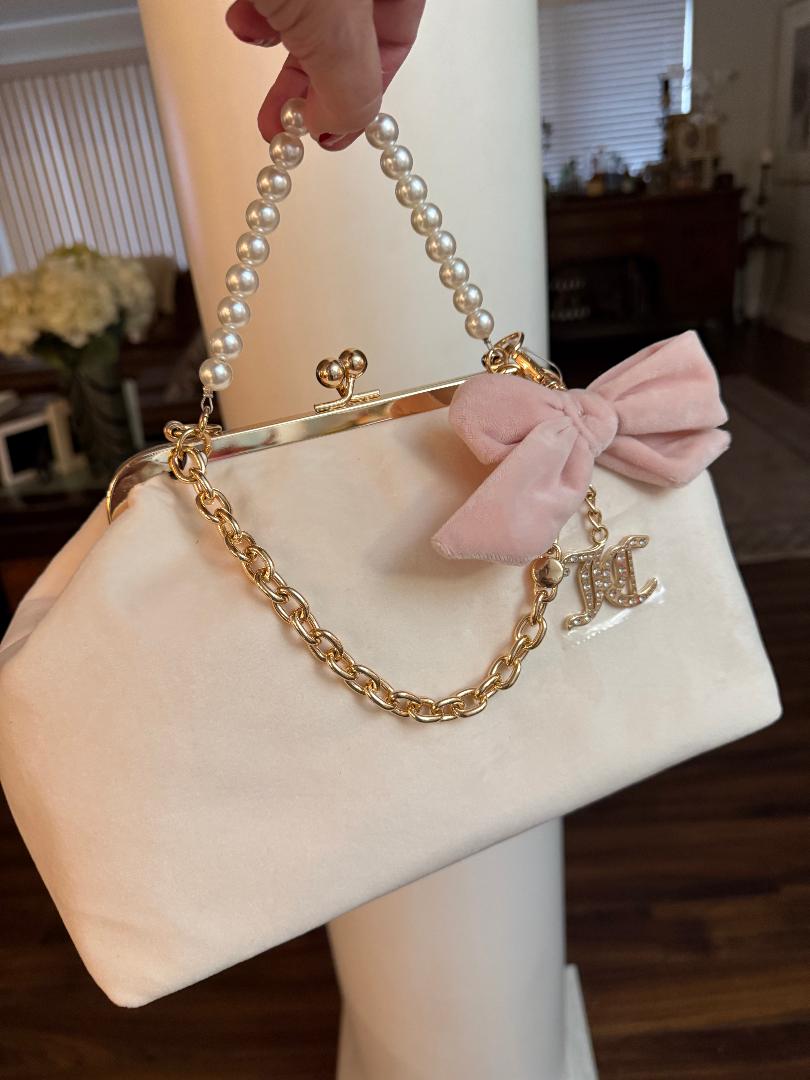 Trending Beaded Bags and Resort Collection - Juicy Couture Kiss Lock Blush Pink Velvet Cream Frame Bag