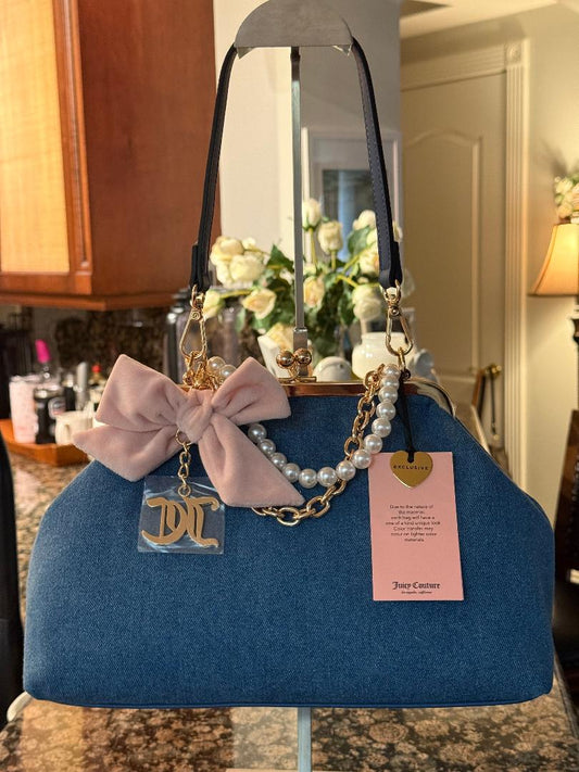 Trending Beaded Bags and Resort Collection - Juicy Couture Kisslock Denim Bag with Bow and Pearl Charm