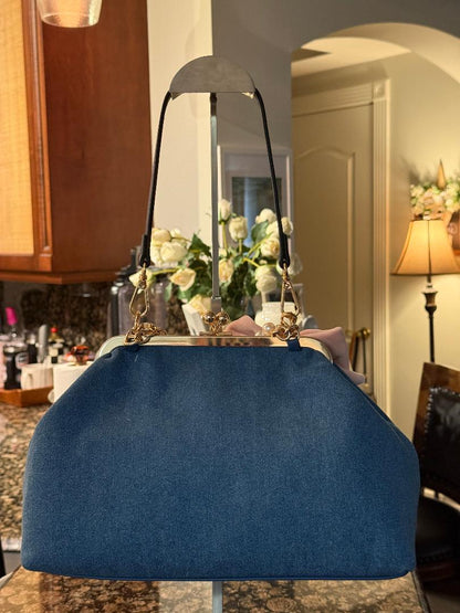 Trending Beaded Bags and Resort Collection - Juicy Couture Kisslock Denim Bag with Bow and Pearl Charm
