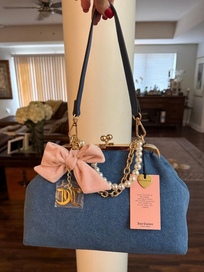 Trending Beaded Bags and Resort Collection - Juicy Couture Kisslock Denim Bag with Bow and Pearl Charm