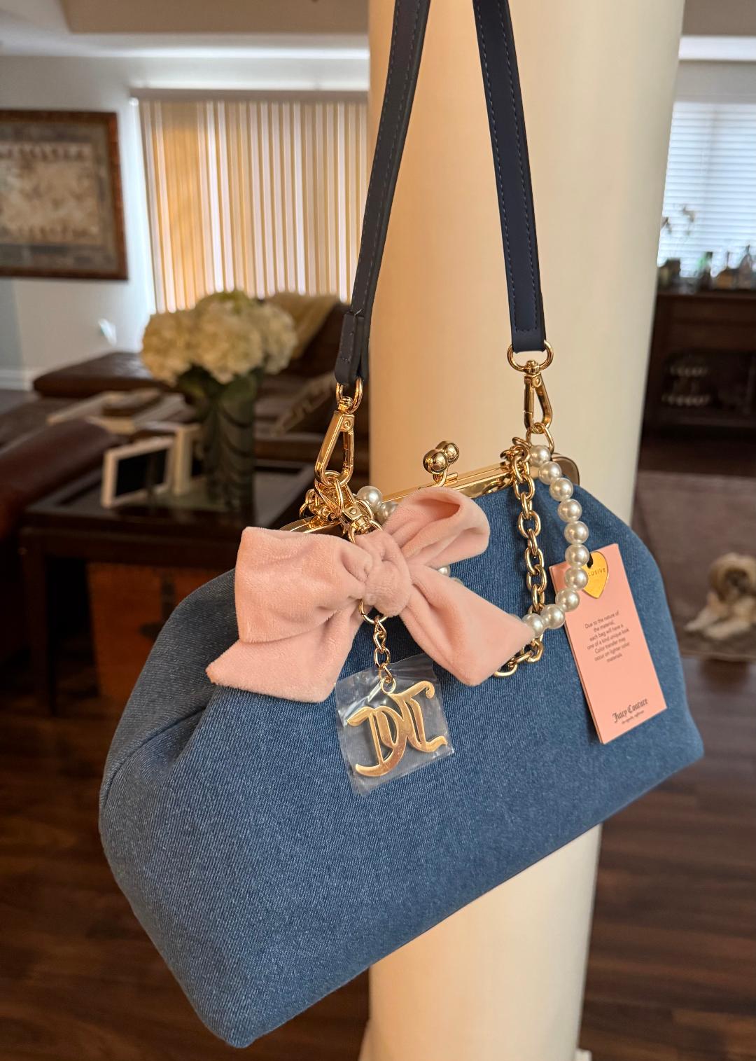 Trending Beaded Bags and Resort Collection - Juicy Couture Kisslock Denim Bag with Bow and Pearl Charm