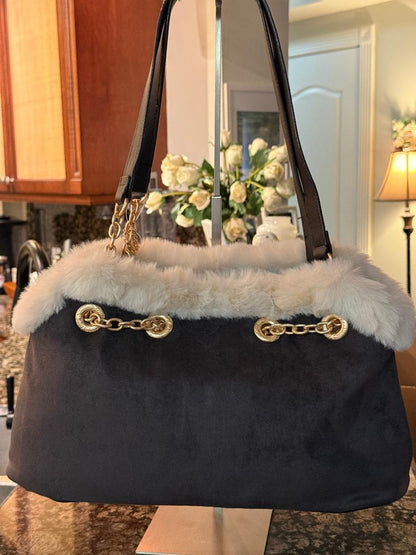 Trending Beaded Bags and Resort Collection - Juicy Couture Charcoal Suede Tote with Cream Faux Fur