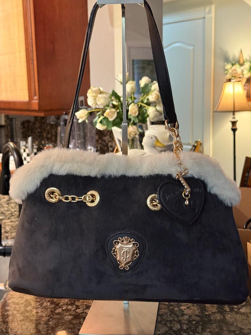 Trending Beaded Bags and Resort Collection - Juicy Couture Charcoal Suede Tote with Cream Faux Fur
