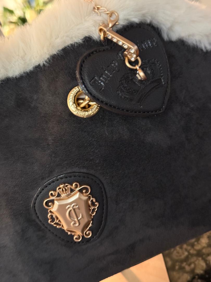 Trending Beaded Bags and Resort Collection - Juicy Couture Charcoal Suede Tote with Cream Faux Fur