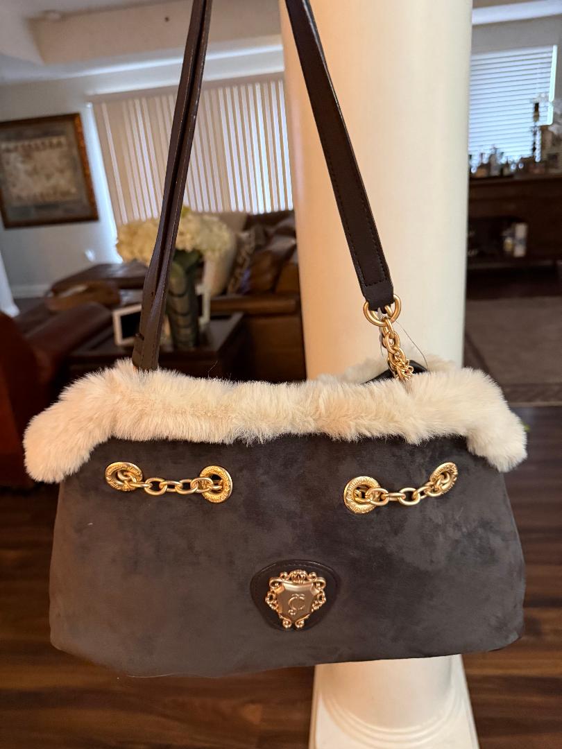 Trending Beaded Bags and Resort Collection - Juicy Couture Charcoal Suede Tote with Cream Faux Fur