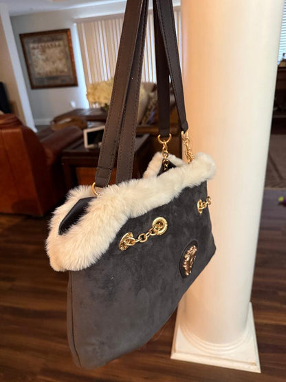Trending Beaded Bags and Resort Collection - Juicy Couture Charcoal Suede Tote with Cream Faux Fur