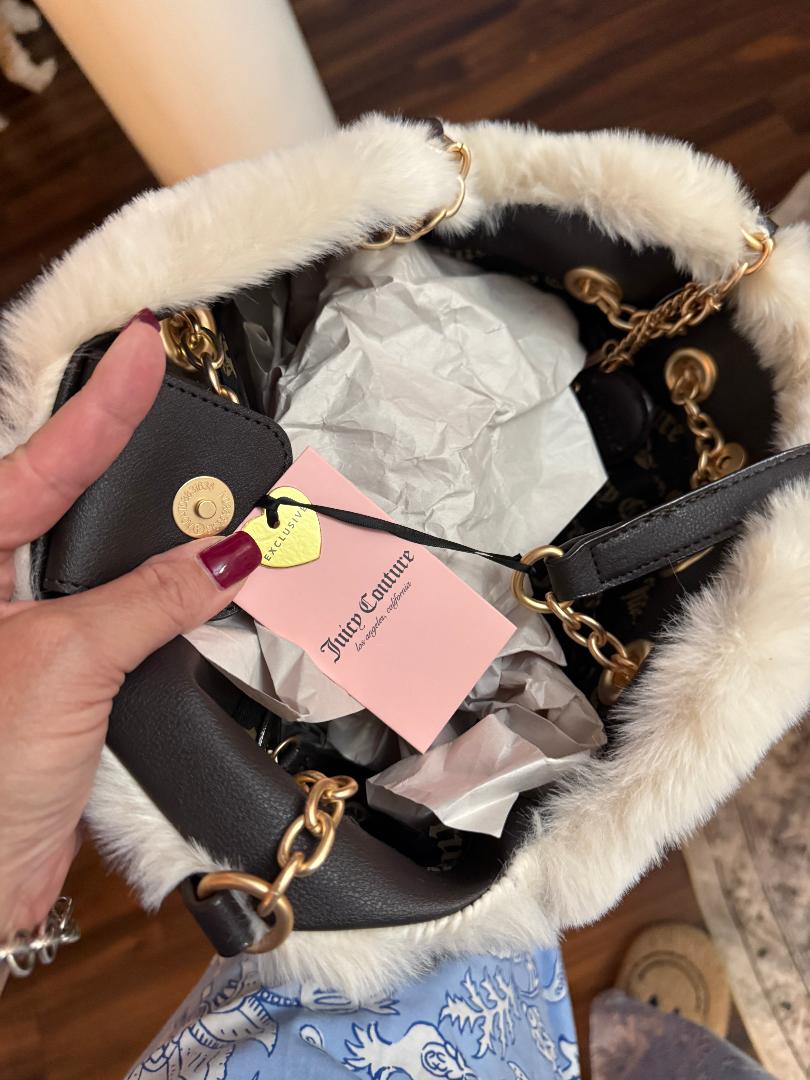 Trending Beaded Bags and Resort Collection - Juicy Couture Charcoal Suede Tote with Cream Faux Fur