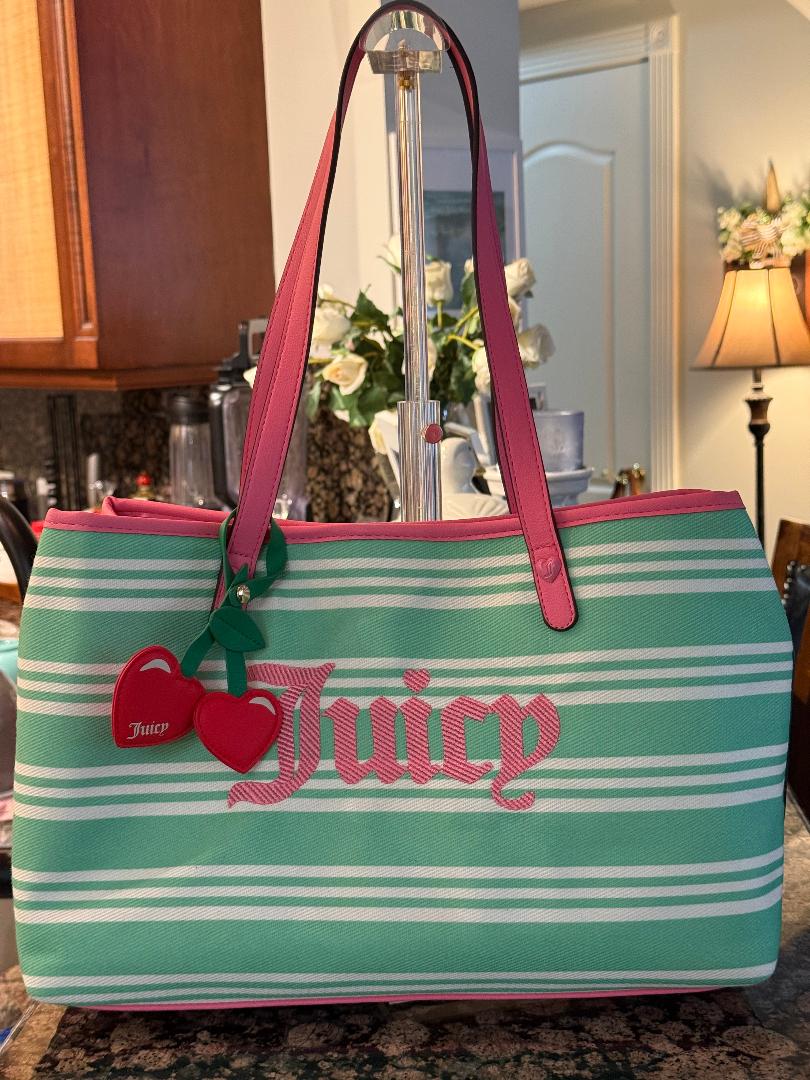 Trending Beaded Bags and Resort Collection - Juicy Couture Pink & Green Striped Tote