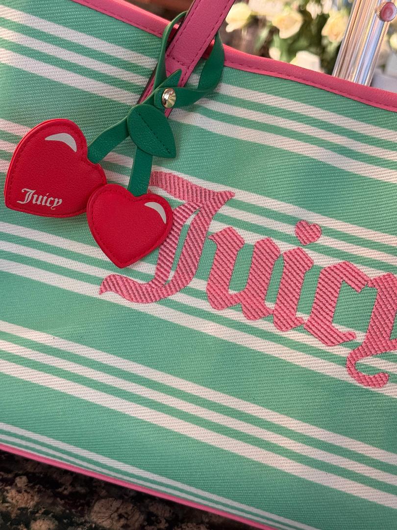 Trending Beaded Bags and Resort Collection - Juicy Couture Pink & Green Striped Tote