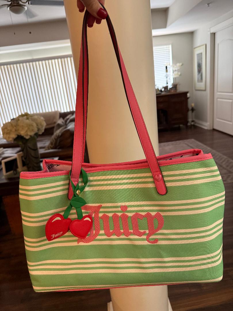 Trending Beaded Bags and Resort Collection - Juicy Couture Pink & Green Striped Tote