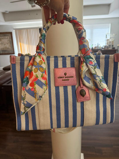 Trending Beaded Bags and Resort Collection - Kurt Geiger Blue White Striped Tote with Floral Twilly