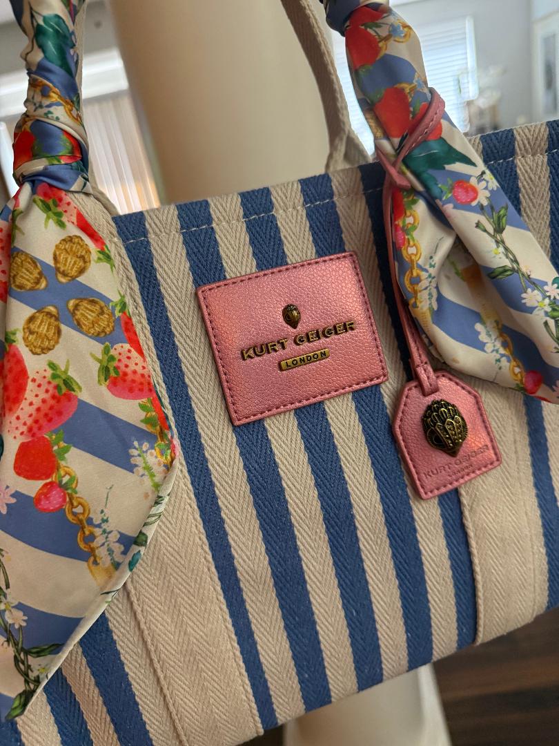 Trending Beaded Bags and Resort Collection - Kurt Geiger Blue White Striped Tote with Floral Twilly