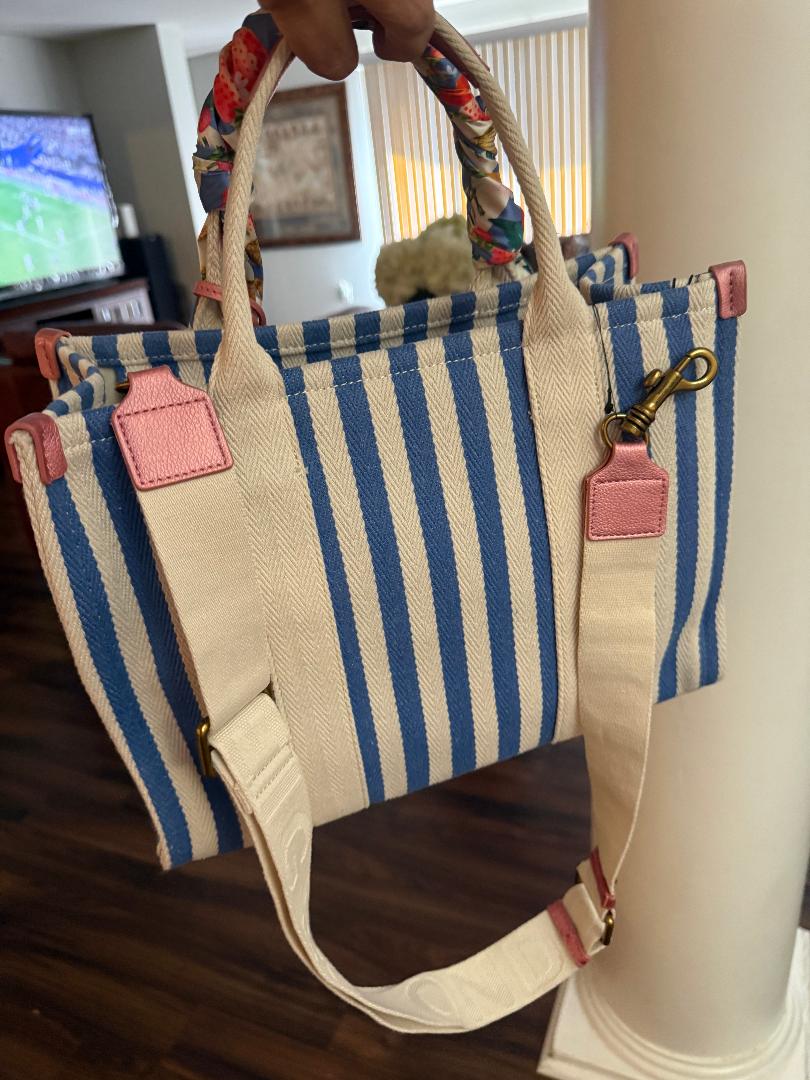Trending Beaded Bags and Resort Collection - Kurt Geiger Blue White Striped Tote with Floral Twilly