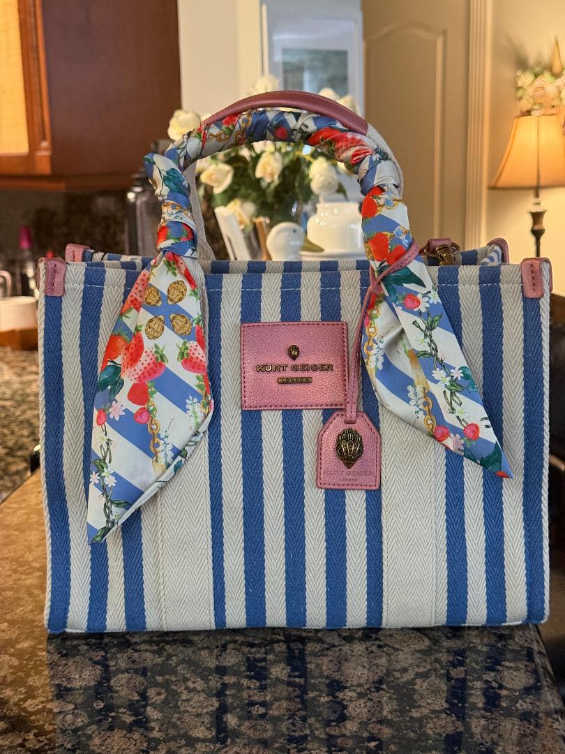 Trending Beaded Bags and Resort Collection - Kurt Geiger Blue White Striped Tote with Floral Twilly